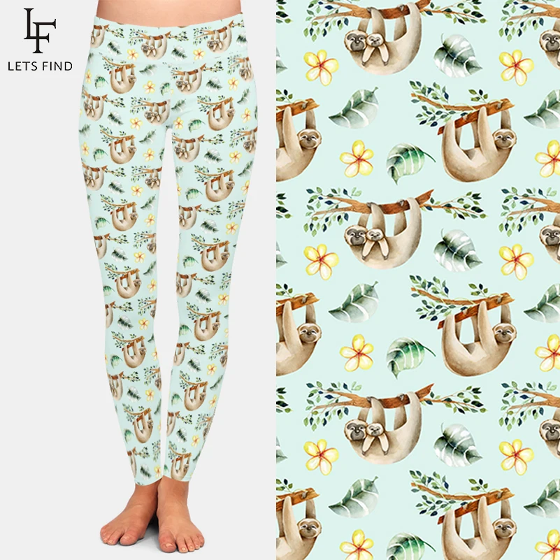 LETSFIND 2019 Women Leggings 220gsm Double Side Brushed Milk Silk Sloth Print High Waist Fitness Leggings