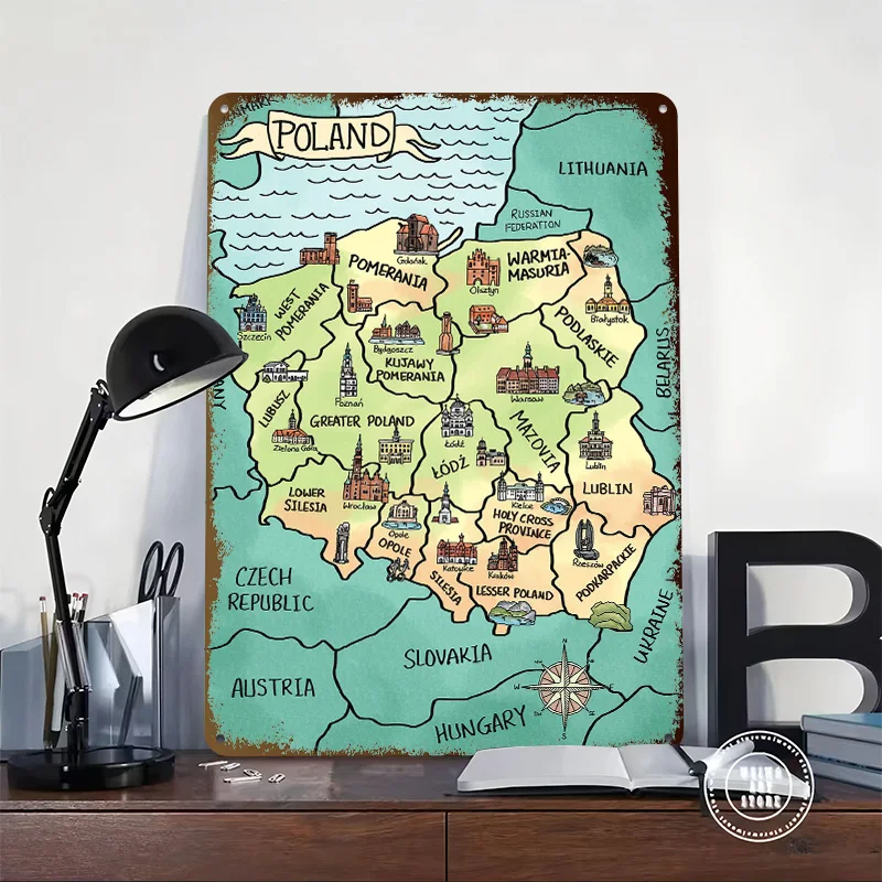 Watercolor Map of Poland 3D Printed Texture Poster Personalized Wall Art Retro Metal Tin Signs for Gamer Room Decoration At Home
