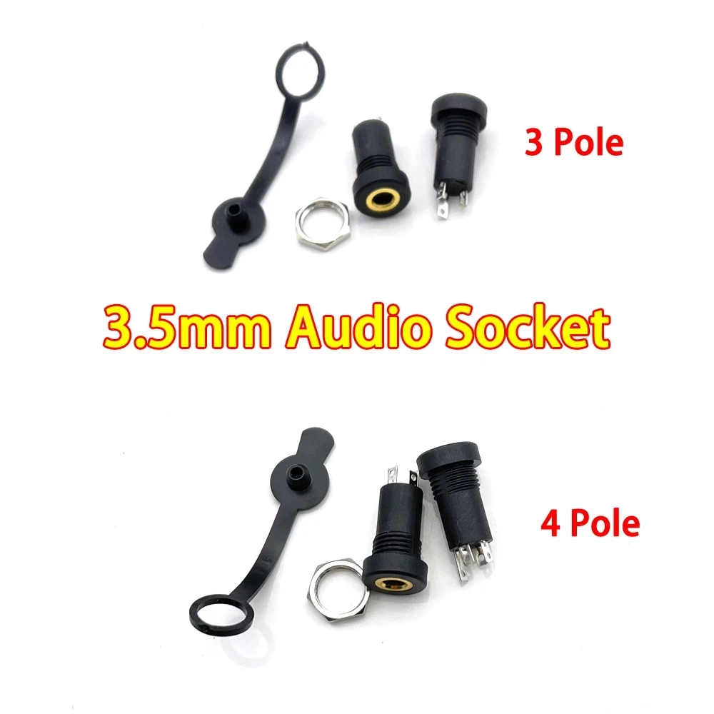 3.5mm Audio Jack 3/4 Pole Stereo Solder Black Panel Mount 3.5 mm Headphone Female Socket Connector With nut Waterproof Cap