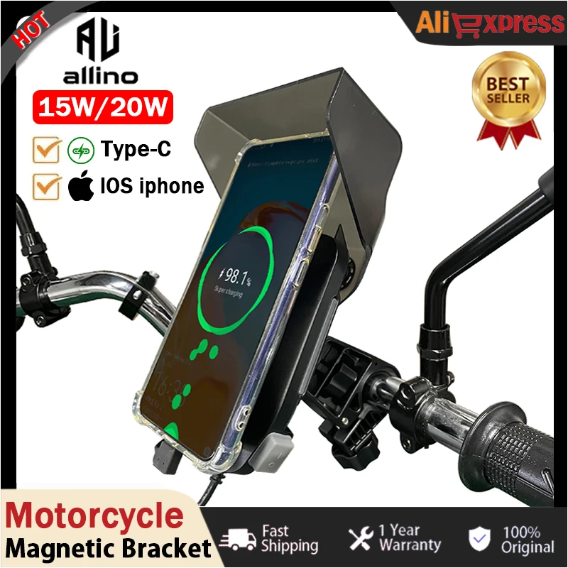 Allino New Motorcycle Phone Holder Strong 15W20W Magnetic Bracket Waterproof Wireless Charge Mirror Mount Motorcycle Accessories