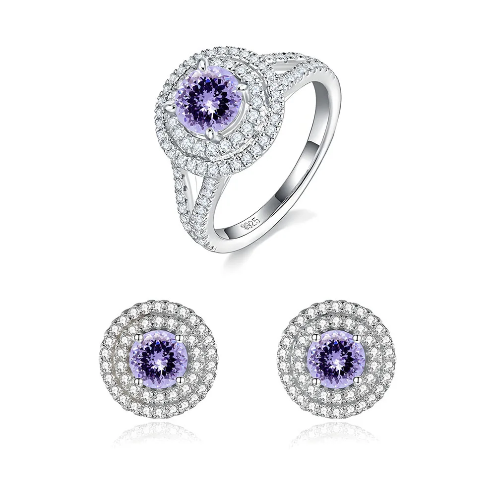 Seiko Double Layer Microset Round 925 Silver Ring Women's Purple Diamond Kaleidoscope High Carbon Diamond Ring