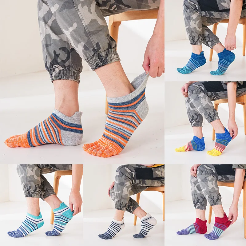 

Vintage 5 Finger Socks Man Cotton Striped Colorful Candy Color Anti-Bacterial Breathable Ankle Boat Toe Sport Socks 4 Seasons