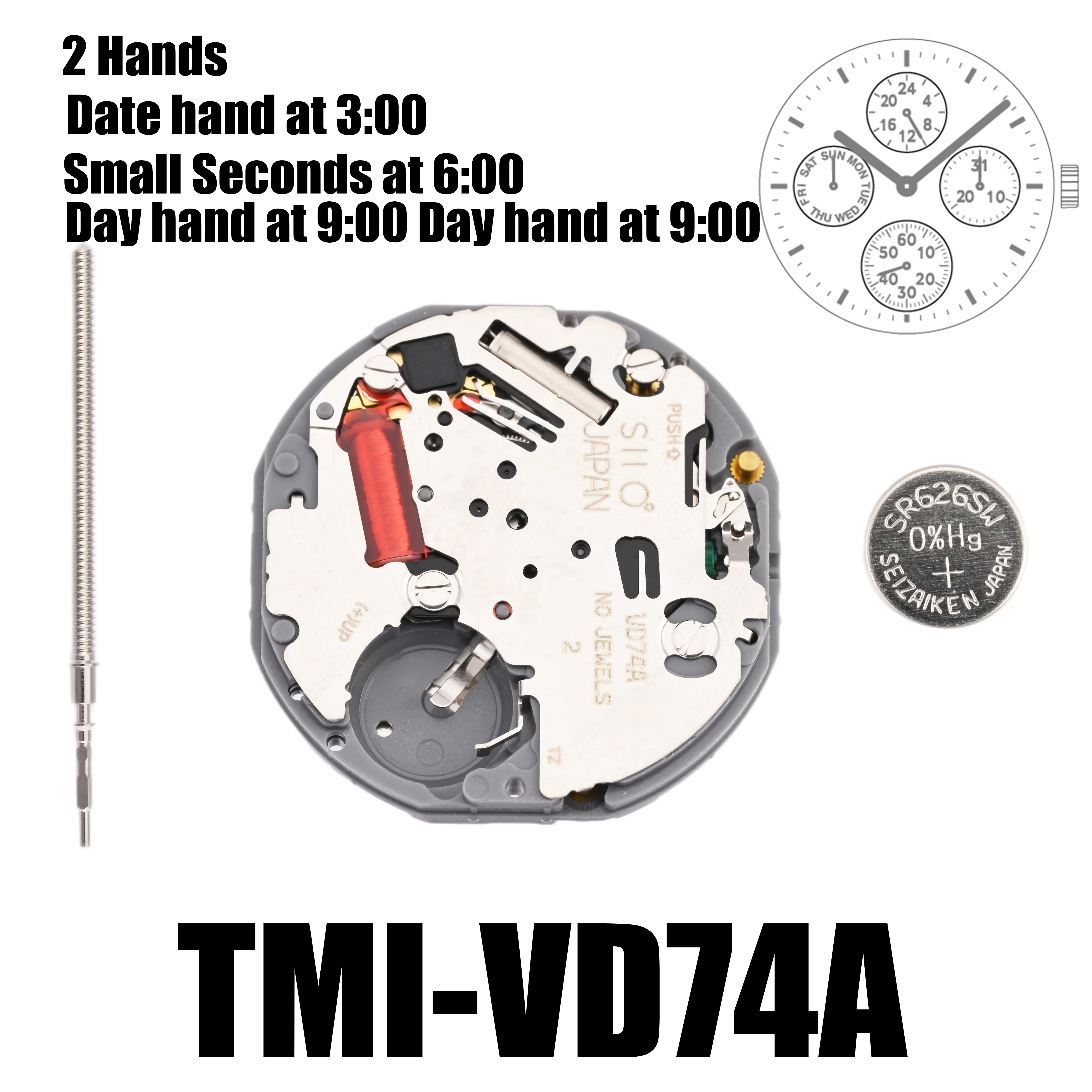 Movimiento VD74 Tmi VD74, dispositivo con 2 manos, multiojo (día, fecha, 24 horas, sección pequeña), tamaño: 10 ½, altura: 3,45mm