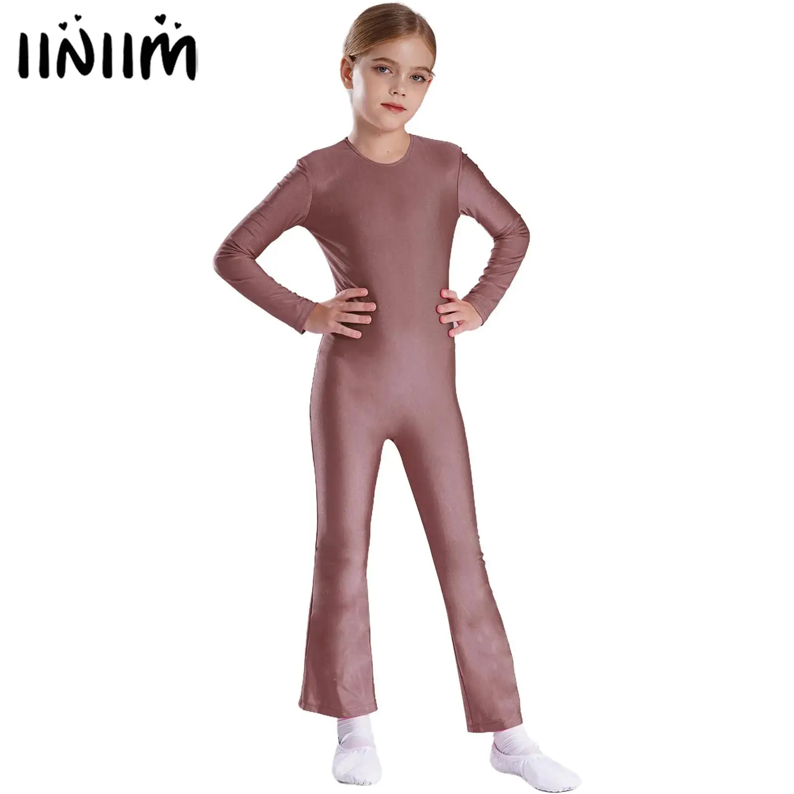 Kids Girls Gymnastics Ballet Unitards Jumpsuit Figure Skating Costume Ballet Dancing Long Sleeve Bell-Bottom Full Body Leotard