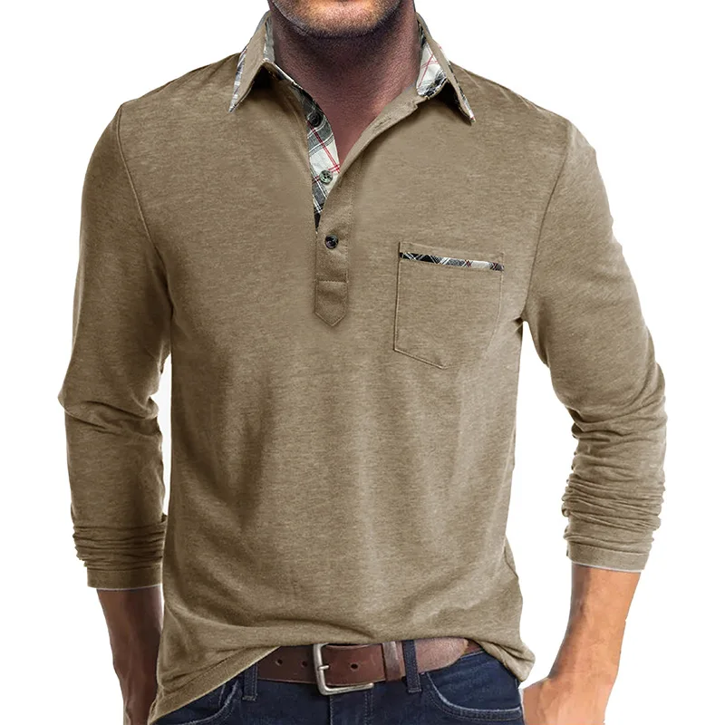 Men's Long Sleeved Lapel T-shirt With Plaid Trim Men's POLO Shirt Autumn Winter Bottoming Shirt Casual Button-Down Top