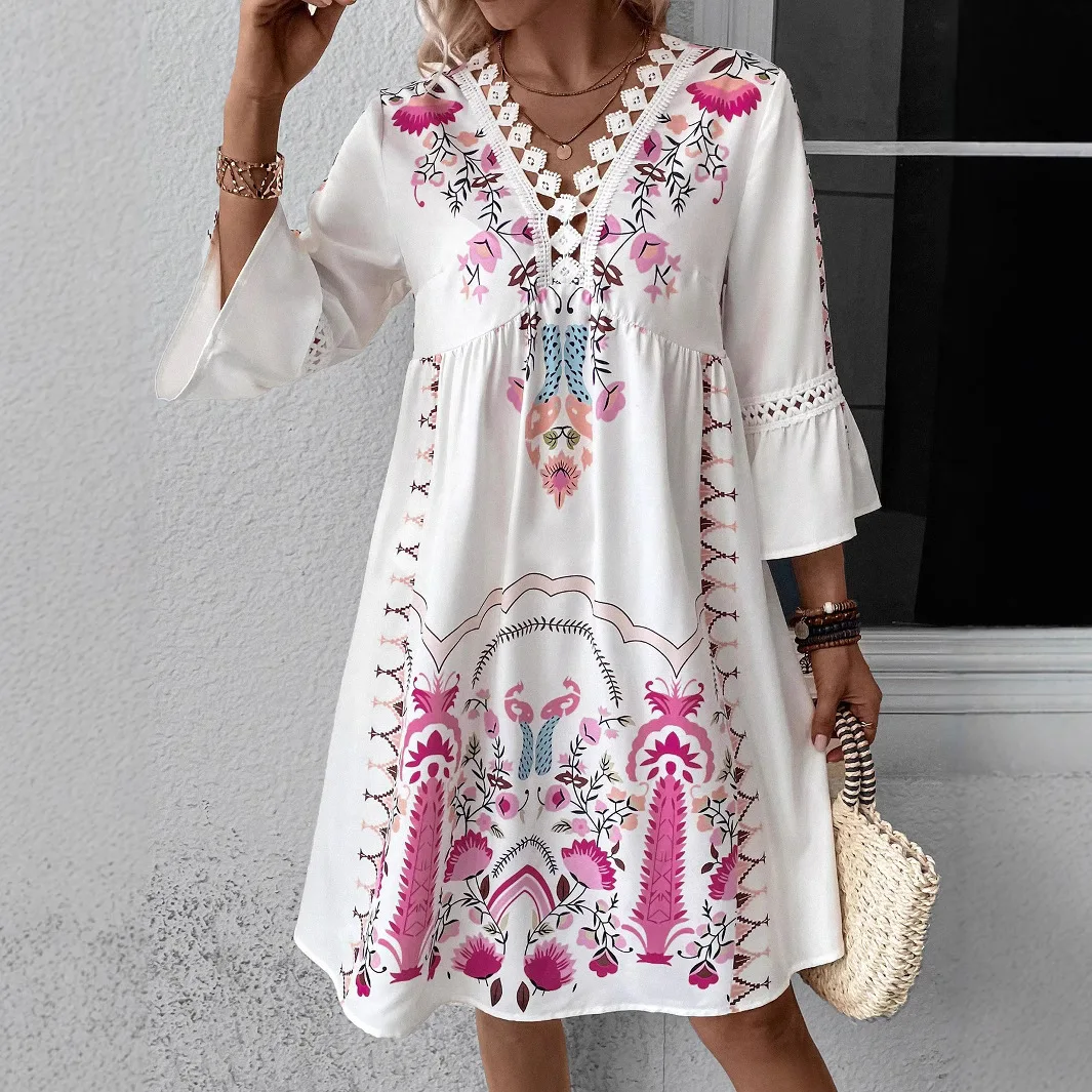 

Women's Dress With Lace Print Splicing Casual Versatile Daily V-neck Flared Sleeves Loose Waist Summer Pullover Dress