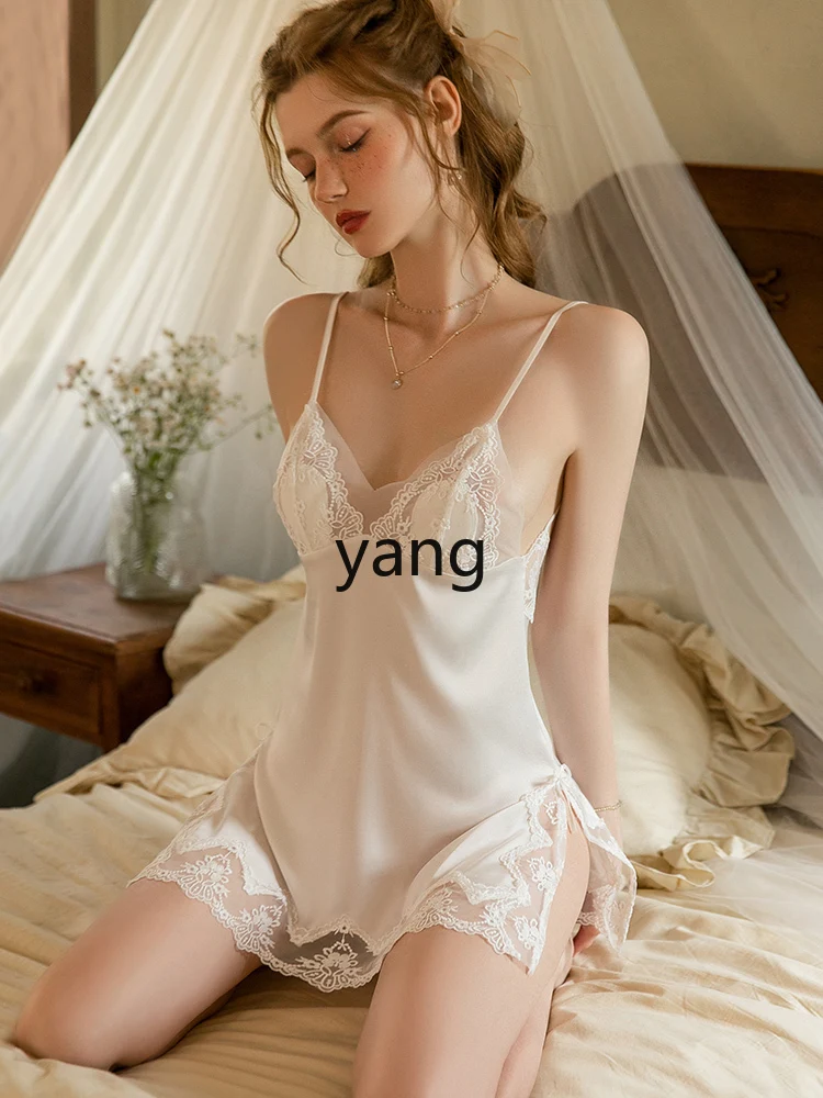 LMM pajamas women's summer ice silk thin high-end feeling with chest pad integrated women's suspender nightdress two-piece set