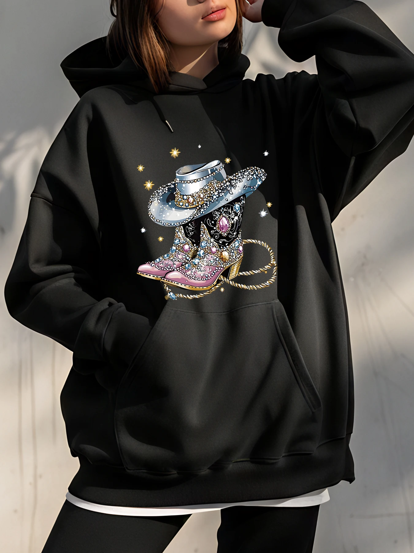 【Halloween】Sudadera con capucha con estampado de sombrero y botas de vaquero, sudadera informal holgada para mujer, detalles brillantes de estilo occidental, juvenil, ropa de calle