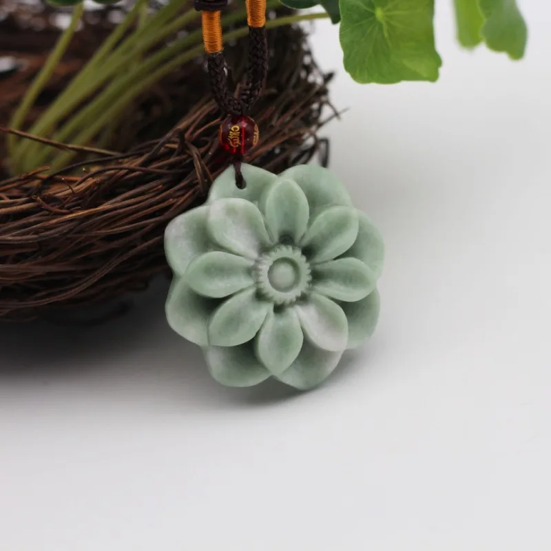 Chinese Natural White Green Jade Flower Pendant Necklace Hand-carved Fashion Charm Jewelry Stone Luxury Amulet Gifts for Women