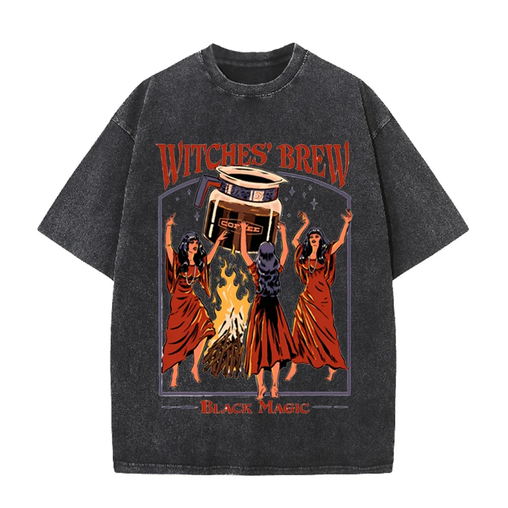 2026 Witches Brew Black Magic Vintage Halloween Graphic Washed T Shirt Retro Witch Coffee Print Oversized Casual Short Sleeve St
