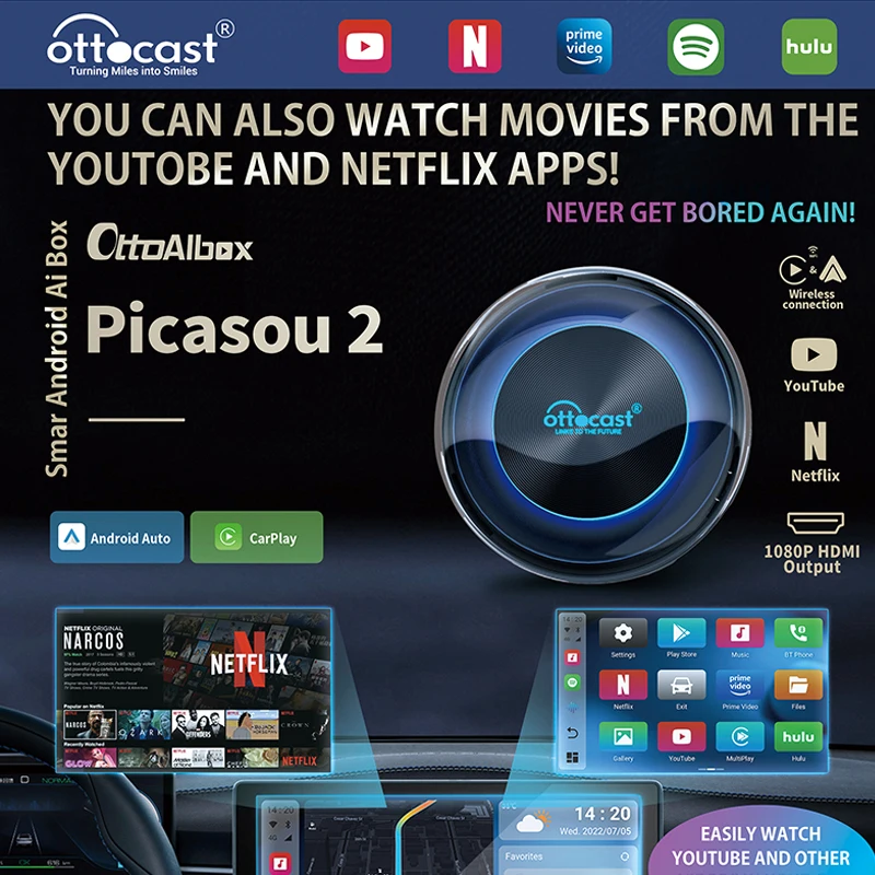 OTTOCAST PICASOU 2 CarPlay AI Box Wireless Android Auto HDMI Multimedia Adapter Video Converter for Google Android TV Stick Game