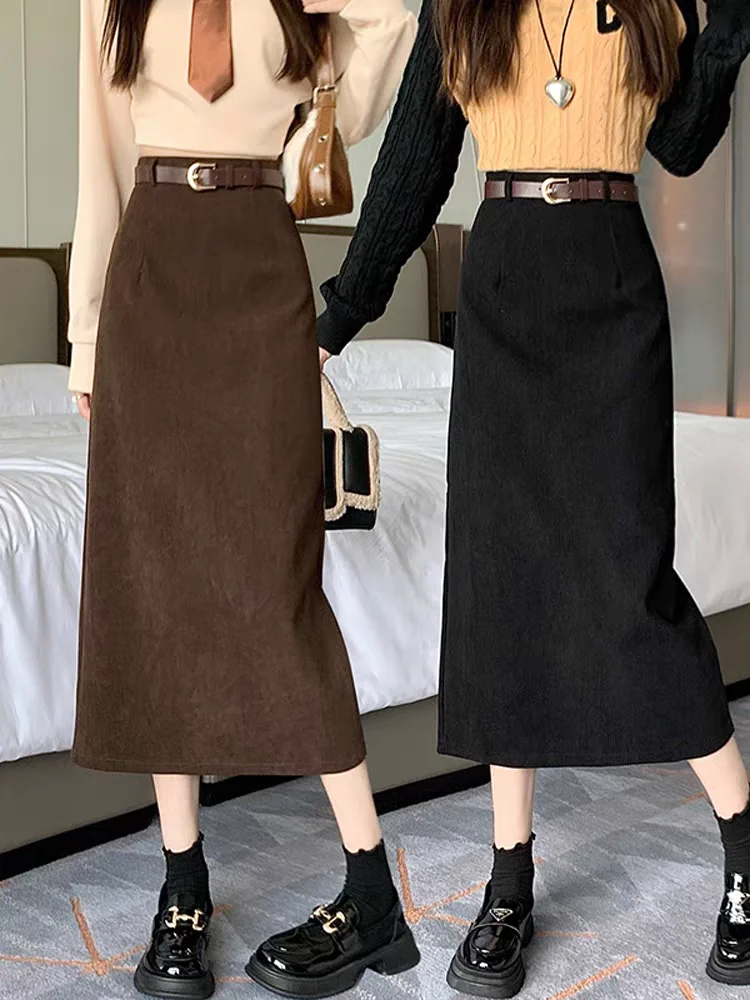 تنانير ضيقة شتوية من Corduredo لعام 2025 للنساء الصغيرات - تنورة متوسطة الطول عالية الخصر مع فتحة خلفية تنورة مكتب أنيقة ونحيفة