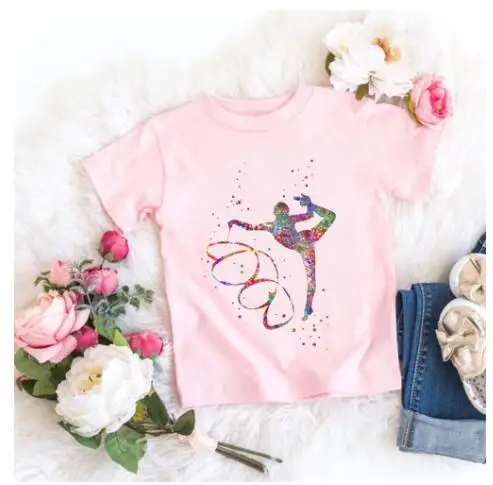 Kids 202375 Summer  Short Sleeve T-Shirts Watercolor Gymnastics Art Graphics Print T-shirt Girls GYM Lover Birthday Gift