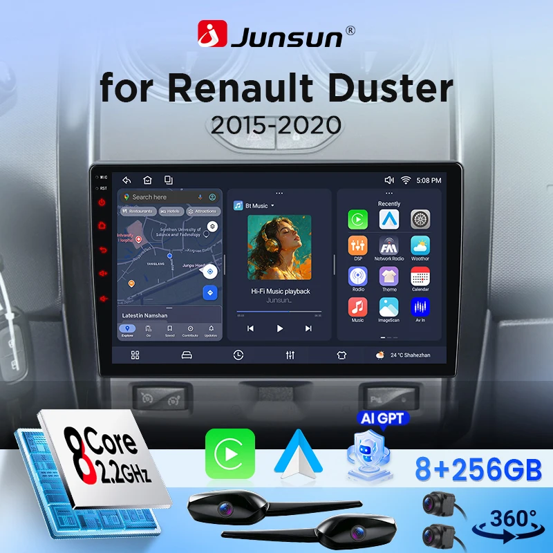 Autoradio Android Junsun 9" pour Renault Duster 2015 2016 2017 2018 2019 2020 avec CarPlay sans fil et Android Auto, écran tactile IPS HD, GPS, navigation, multimédia, 360 °   Caméra optionnelle, DSP, RDS, lecteur mult