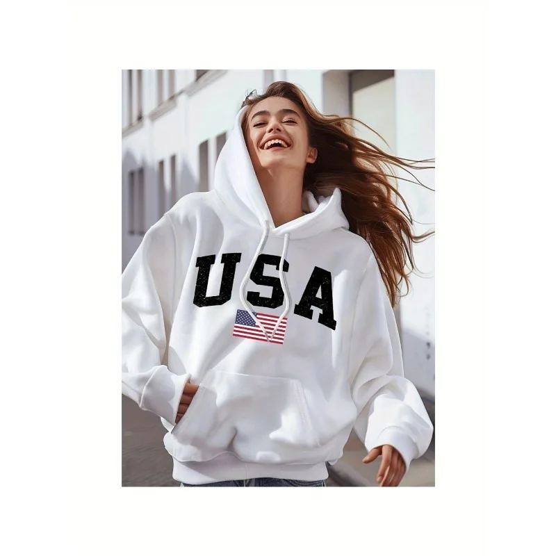American Pattern Women's Hoodie - Soft White Hoodie with Bold Black Text