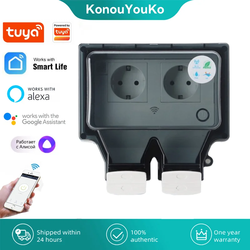 Tuya Power Socket IP66 Wifi Smart Waterproof Socket EU Plug Waterproof Outdoor Double Socket for Smart Life APP Alexa Google