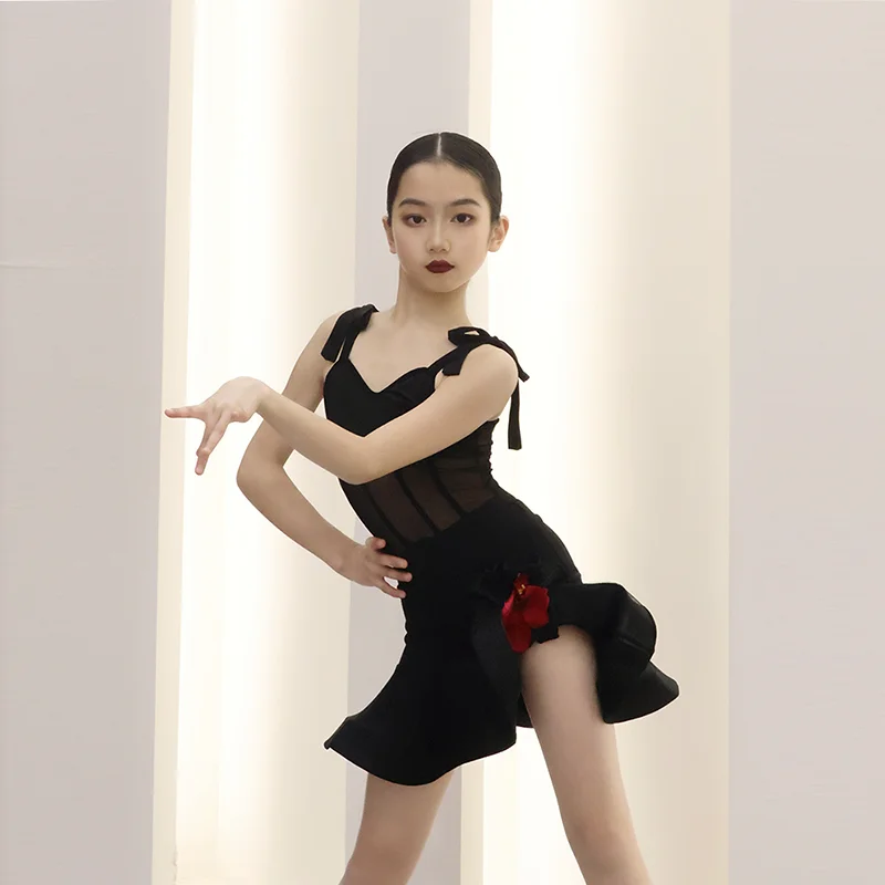 子供のための黒いメッシュのスリングドレス,ラテンダンス,サルサの練習服,競技パフォーマンスの衣装,女の子のためのサンバ,xh1920