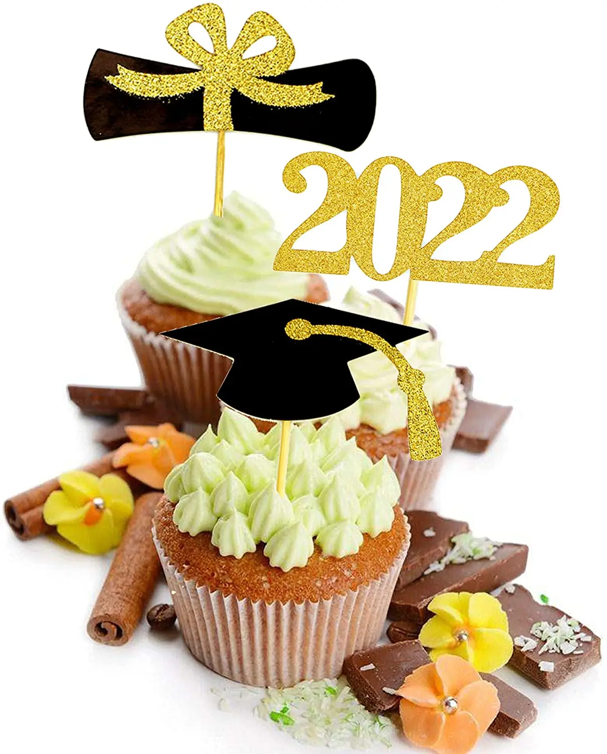 

Black Glitter Gold 2022 Graduation Paper Cupcake Toppers For Class 2022 Cap Diploma Cake Topper Party Mini Cake DIY Decorations