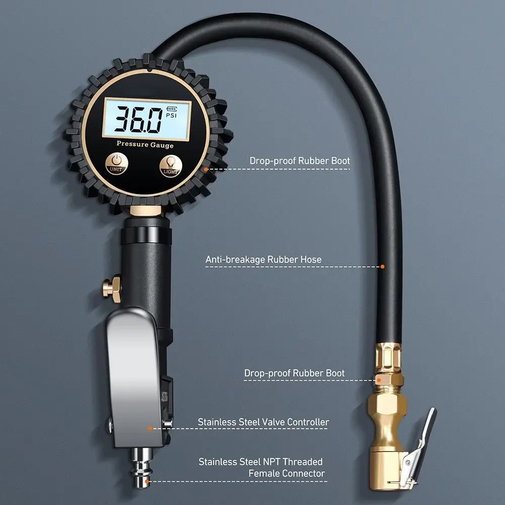 Aksesori Kompresor Pengukur Tekanan Ban Digital Chuck Udara 250 PSI Resolusi Tampilan 0.1 Inflator Ban Otomatis