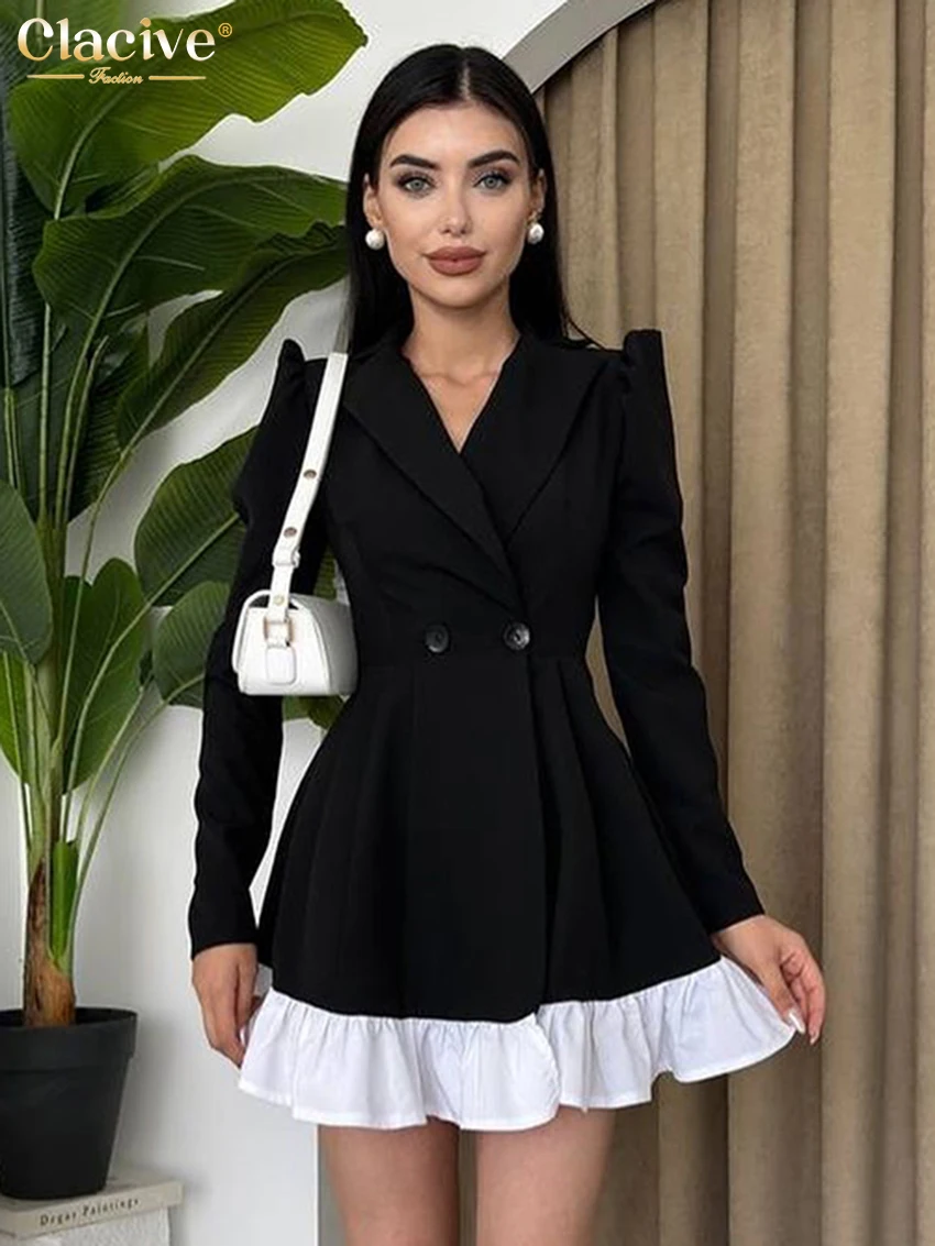 Clacive Fashion Loose Black Office Women\'s Dress Elegant Lapel Long Sleeve Mini Dresses Casual High Waist Patchwork Female Dress