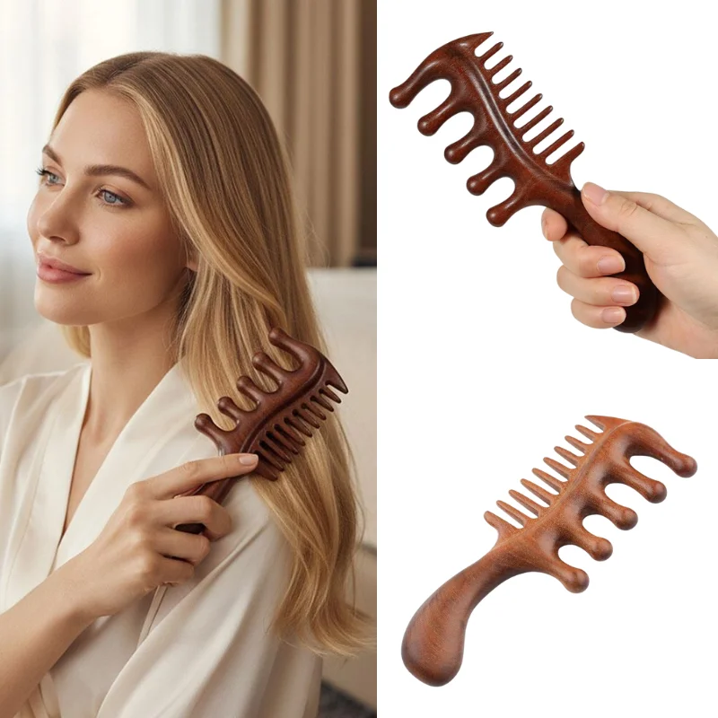 

Natural Sandalwood Massage Comb Anti-Static Wooden Long Wide Tooth Detangle Comb Face Eye Shoulder Neck Scraping Treatment