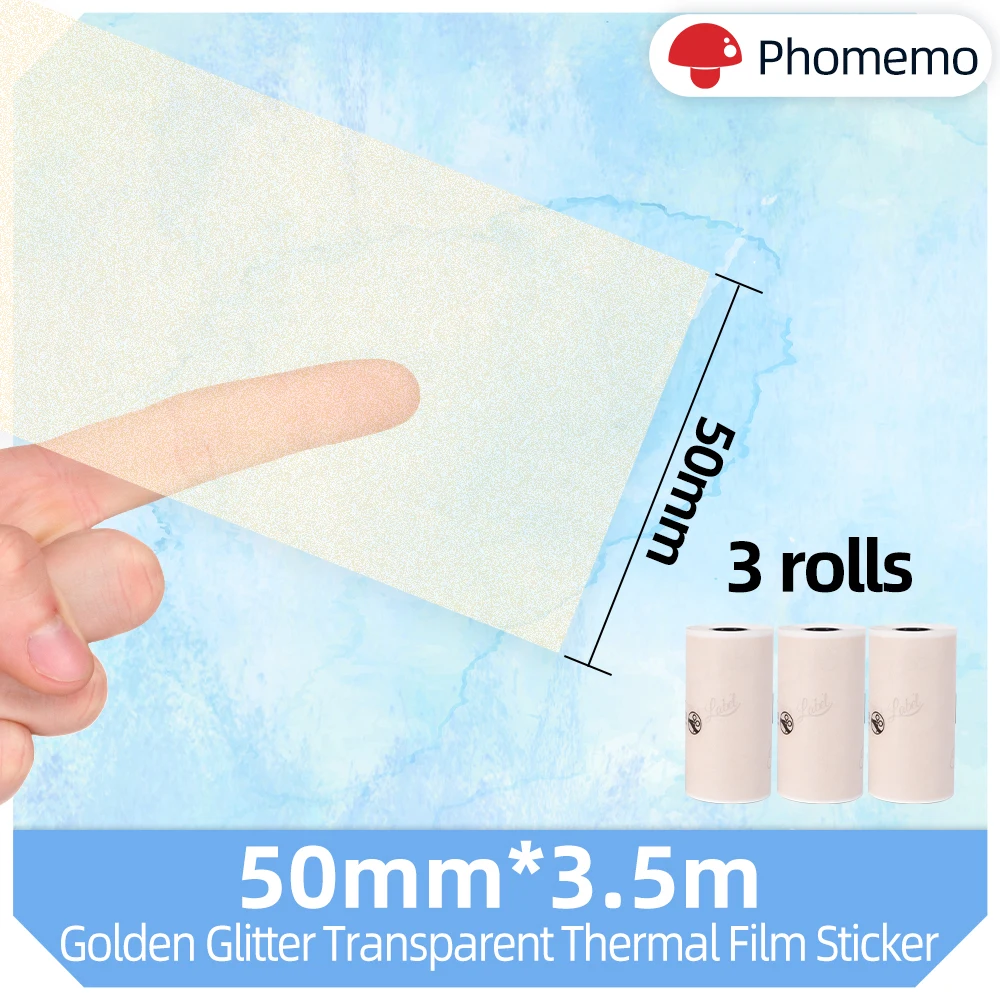 3 Rollen/Box 50 mm * 3,5 m Phomemo Gold Gliter transparenter selbstklebender Thermo-Aufkleber-Etikettenpapier Phomemo M02/M02S/M02Pro Drucker