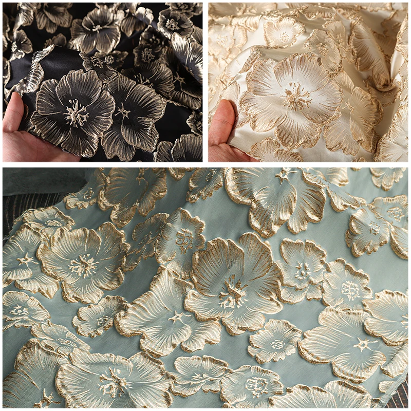 

50x145cm Golden Silk Plum Blossom 3D Jacquard Fabric Embossed Texture Embroidery Chinese Style Cheongsam Dress Sewing Material