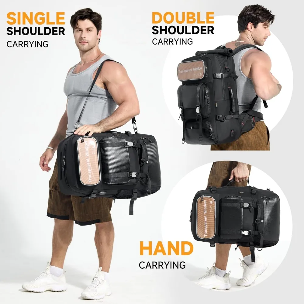 磁気留め具付きメンズ60Lトラベルバックパック、機内持ち込み可能、大型ジムダッフル、靴と水筒用コンパートメント付き