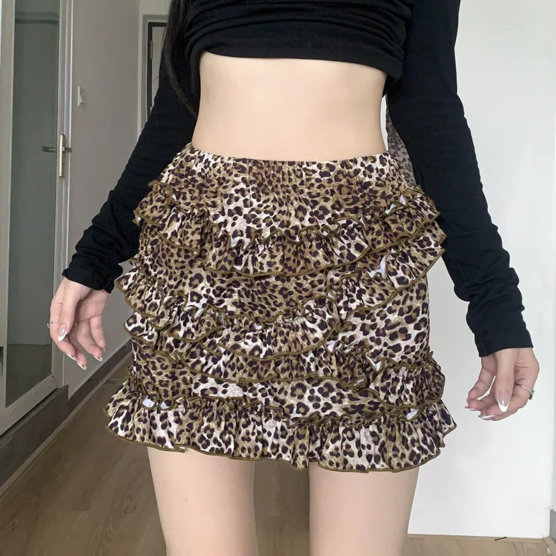 

2025 Leopard Print Ruffle Edge Cake Skirt High Waist Elastic Mini Dress Summer Vintage Style Women's Mini Pleated Skirts