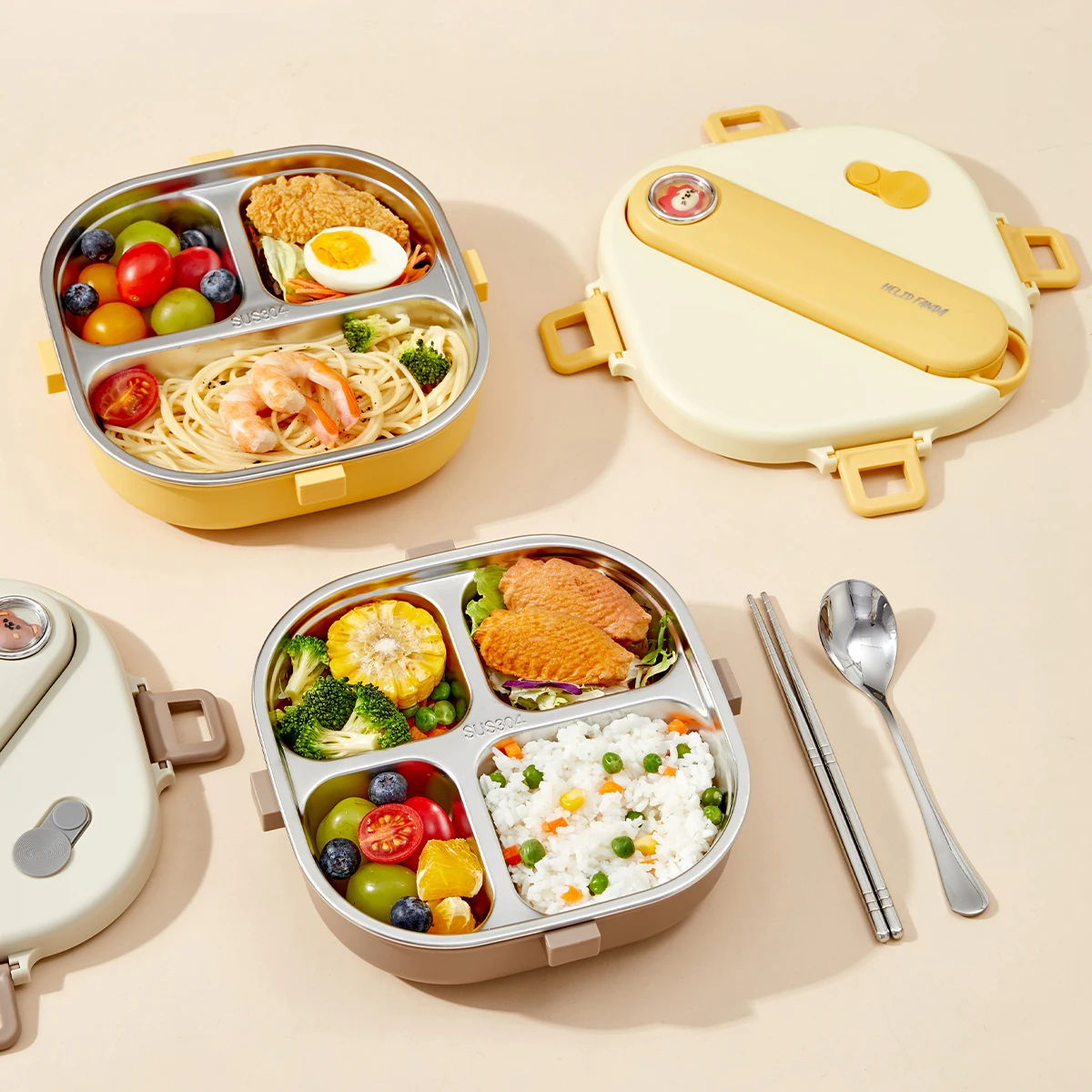 WORTHBUY New 800Ml Portable Divided Lunch Box With Cutlery Capybara 3/4 Grids Microwave Leak Proof 304 Stainless Steel Bento Box