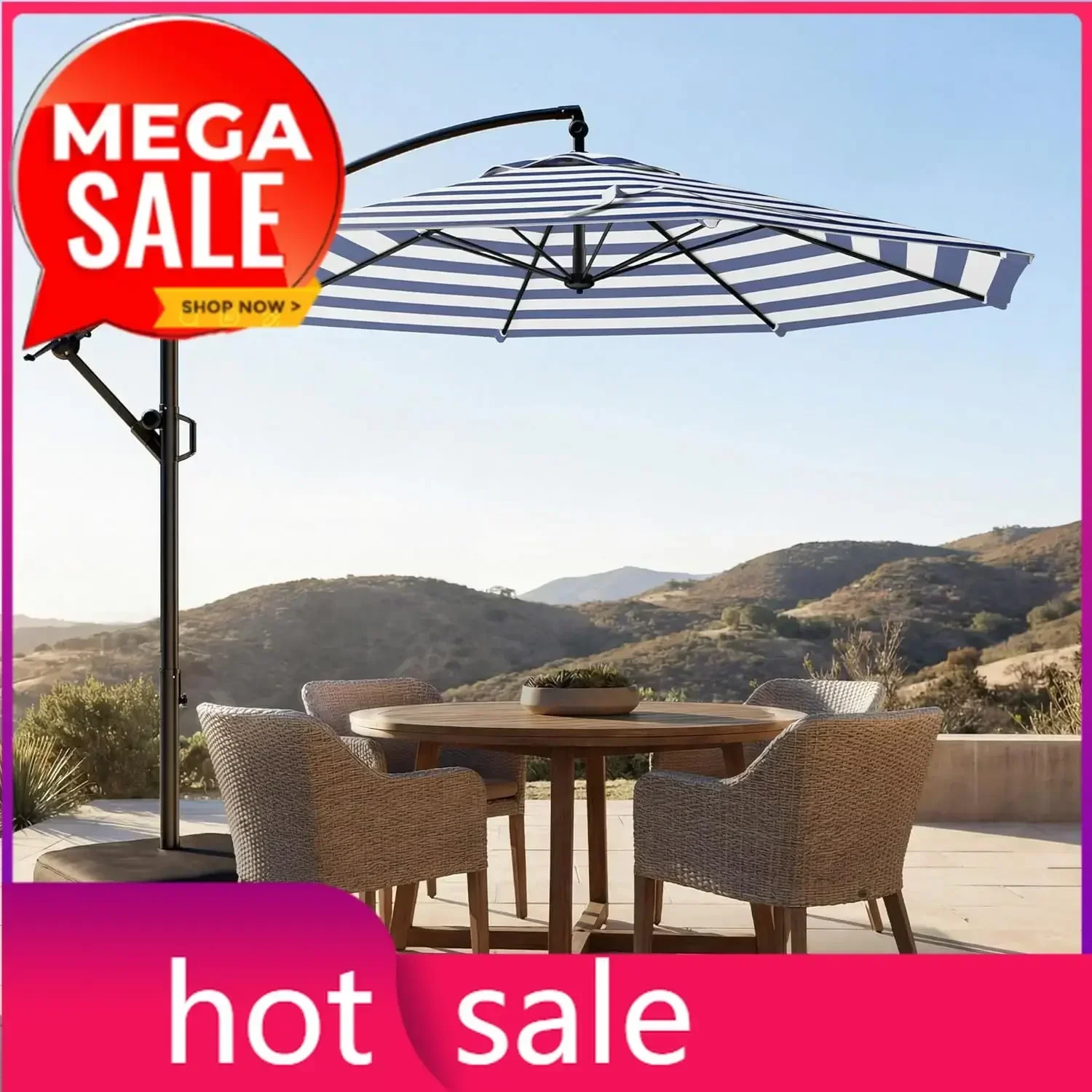 10ft Offset Patio Umbrella wIth Base, Cantilever Offset Hanging Patio Outdoor Market Umbrella UPF50+ UV Protection with Easy Til