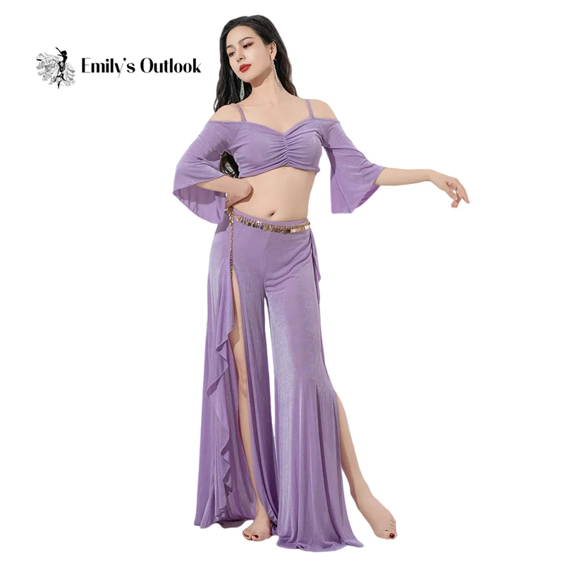 2025 Vestito da danza del ventre da donna Costume da spettacolo teatrale Manica lunga con volant Gonna con spacco laterale Pantaloni a vita alta Cintura da spettacolo per ballerini di squadra