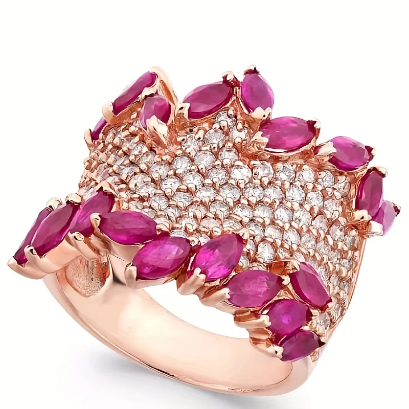 Luxury Fashion Women's Gold Color Inlaid Pink Simulated Gemstone Wide Band Ring Elegant Wedding Accessories  Anniversary Jewelry