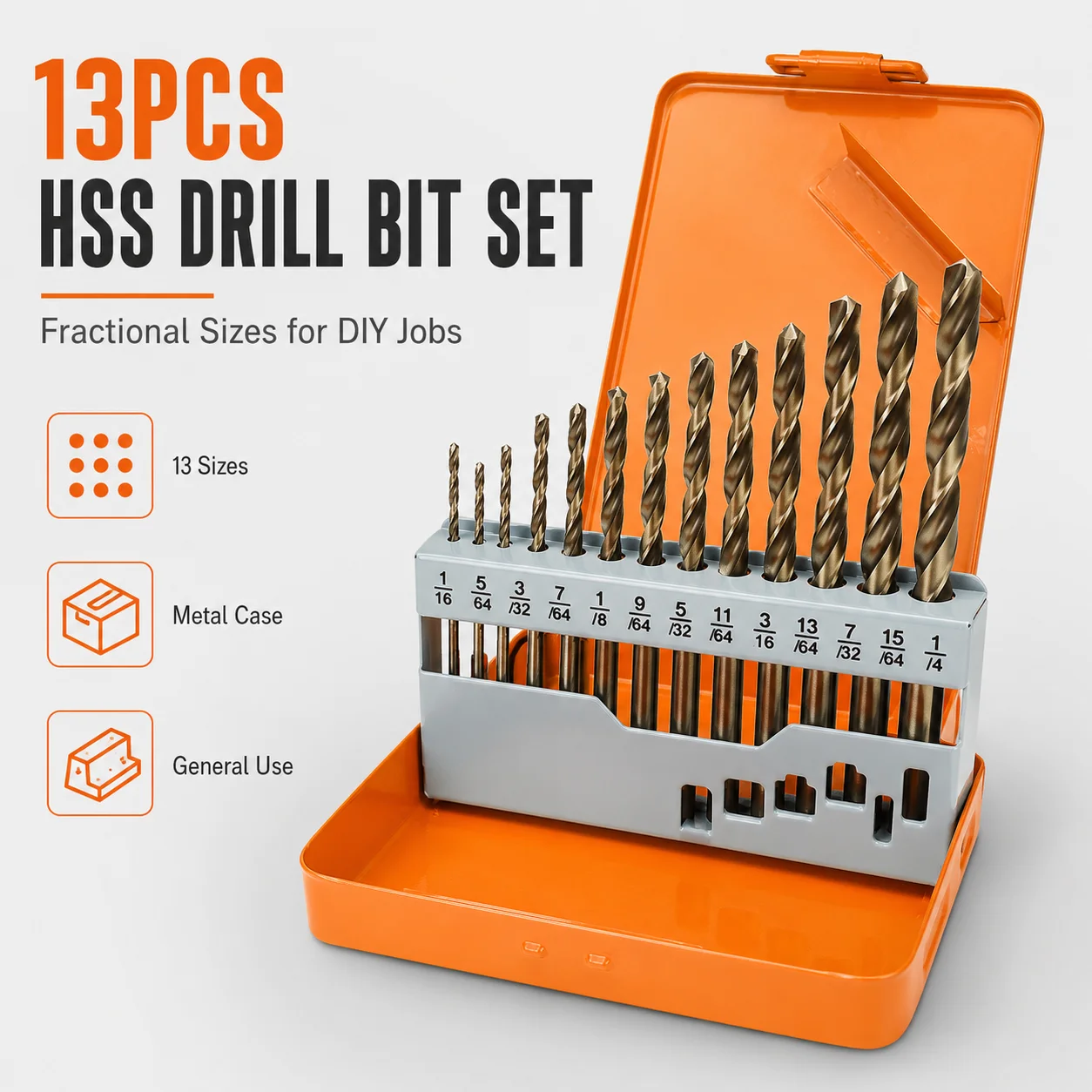 13Pcs Fractional Twist Drill Bit Set with Metal Storage Case, Sharp Drill Bits for Wood, Plastic, PVC Thin Metal DIY Drilling
