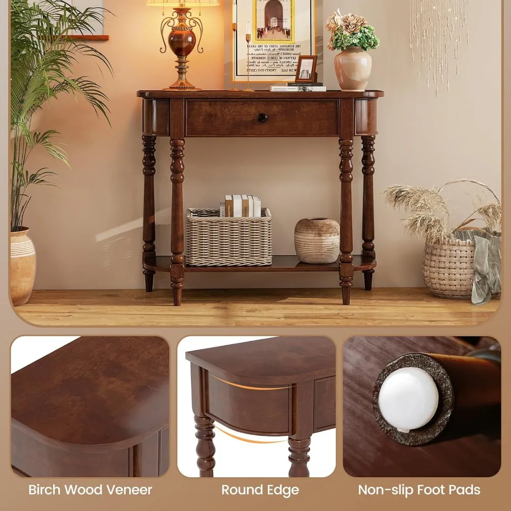 طاولة وحدة تحكم للمدخل من طبقتين مع درج تخزين، و36 طاولة أريكة خشبية ضيقة تتميز بأرجل أنيقة وتصميم رف مفتوح