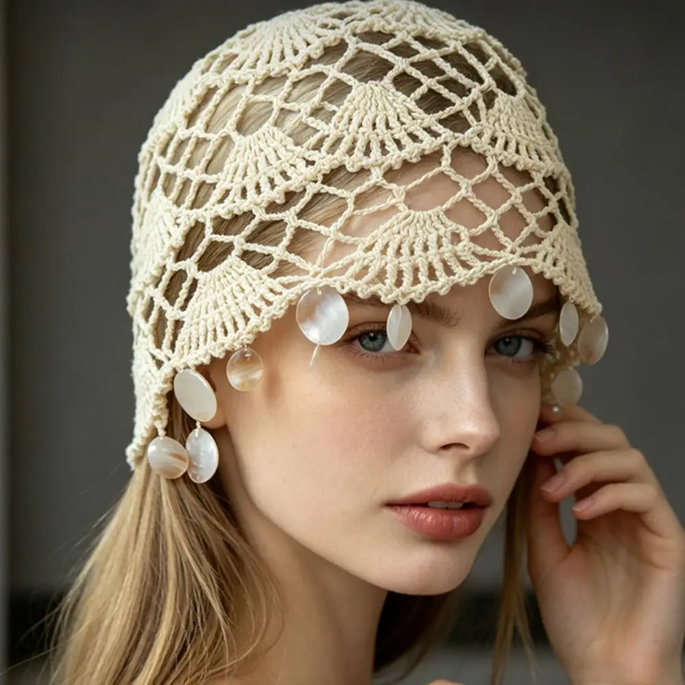 Fashion Elegant Hollowed Out Knitted Hat Solid Color Thin Shell Tassels Hat Ethnic Style Korean Bohemian Style Beanies Girls