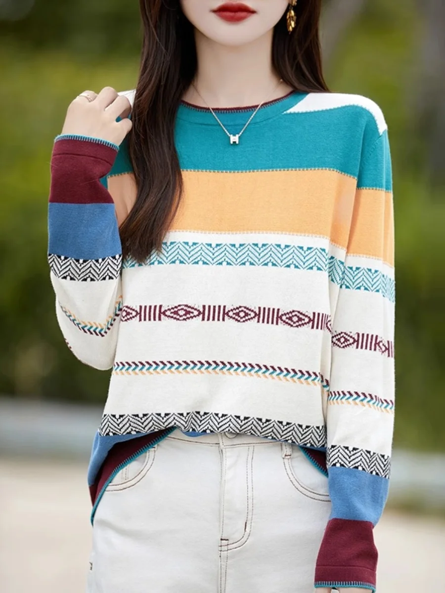 

Весна 2026: Женский вязаный свитер из чистого хлопка с круглым вырезом, в радужную полоску, модный, омолаживающий, в корейском стиле
