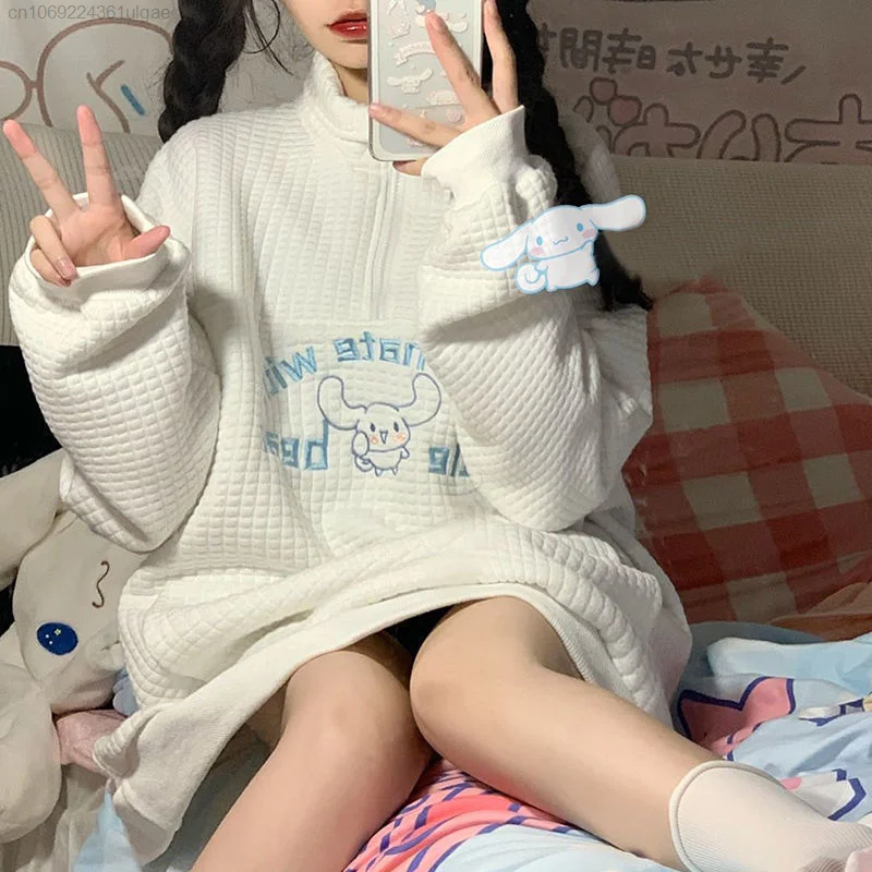 Sanrio Y2k Clothes Cartoon Cinnamoroll Embroidered Thin Waffle Pullover Kawaii Sweatshirts Women Tops Spring Long Sleeve Shirts