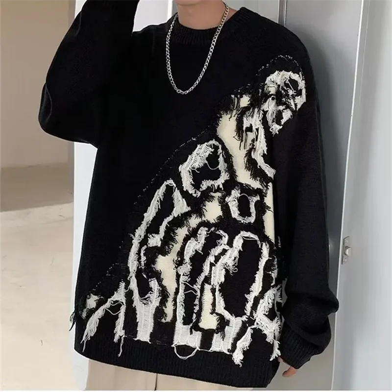 

Y2K Mens American Loose Vintage Black Sweaters Autumn Winter Man Frayed Hole Knitwear Sweater O-Neck Knitted Pullover Pull Homme