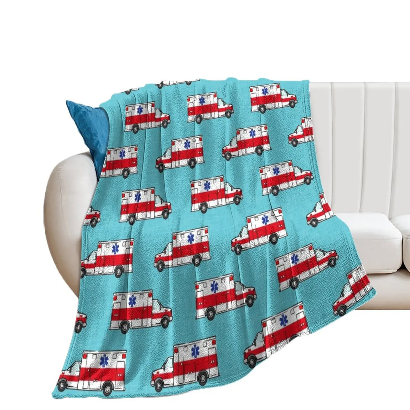 Ambulance on Teal Throw Blanket Flannels halloween manga Travel Blankets