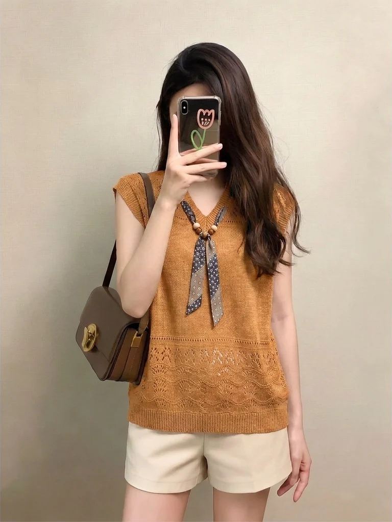 Orange Pumpkin Hollow out V-Neck Women's Tank Top Summer New Style Large Size Fat MM Scarf Top Commute Style Loose Fit