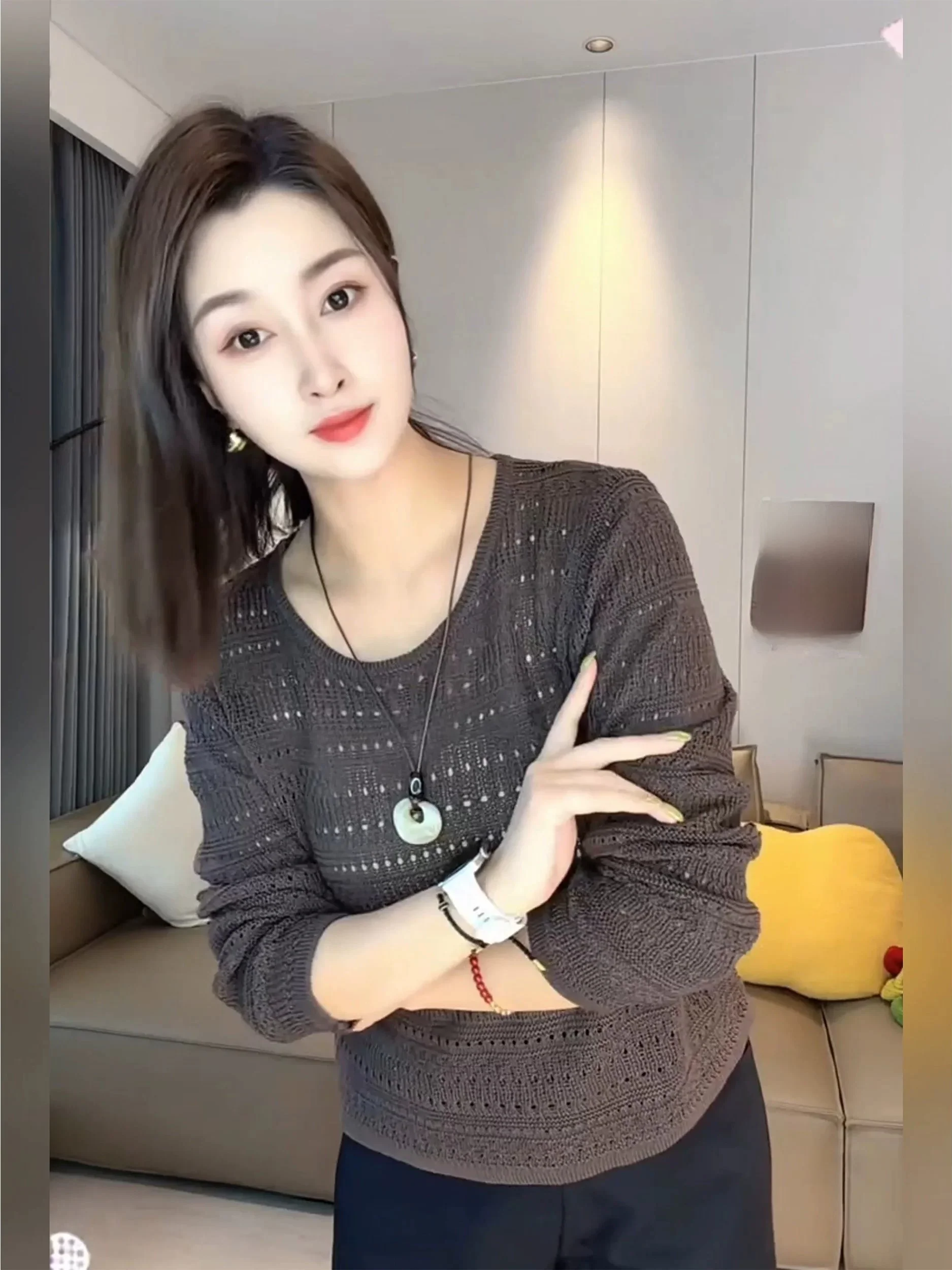 plus Size Early Autumn Lazy Style Hollow out Knitwear Women's round Neck Long Sleeve Versatile Slimming Design Top