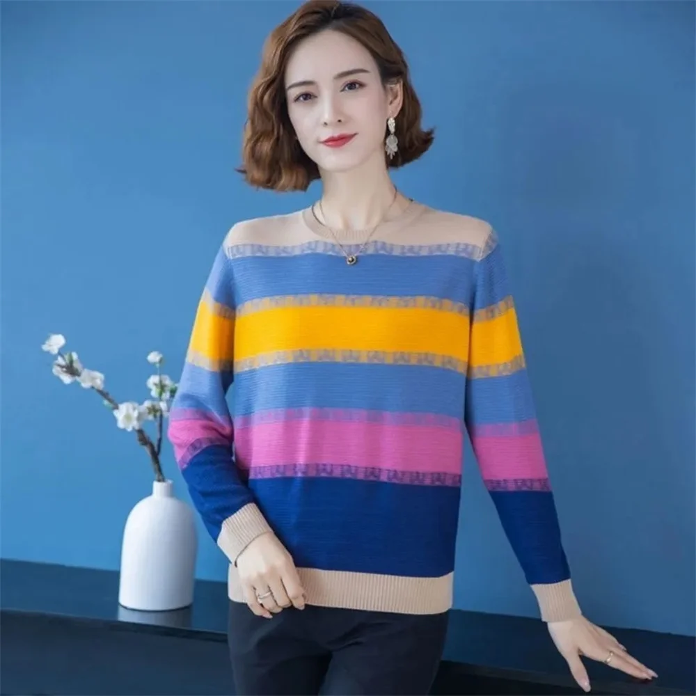 Jesienno-zimowy sweter damski Nowy sweter z dzianiny dla mam z długim rękawem w paski Luźny sweter damski z długim rękawem