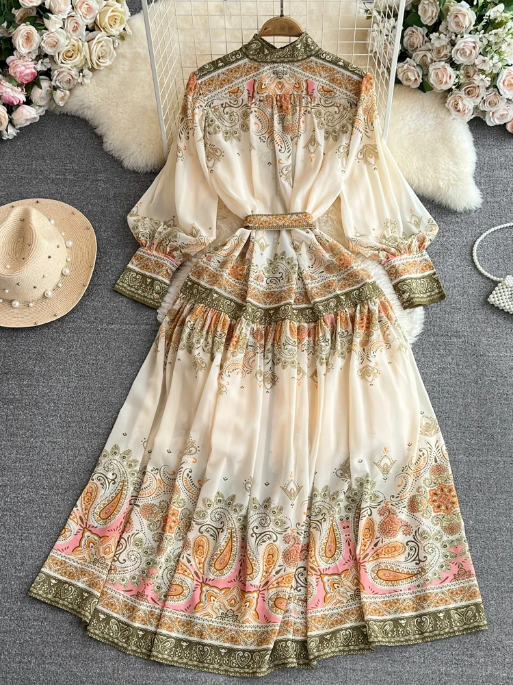 Women Fashion Vintage Elegant Party Long Dress Spring Autumn Lantern Sleeves Stand Neck High Waist Slim A-line Print Robe