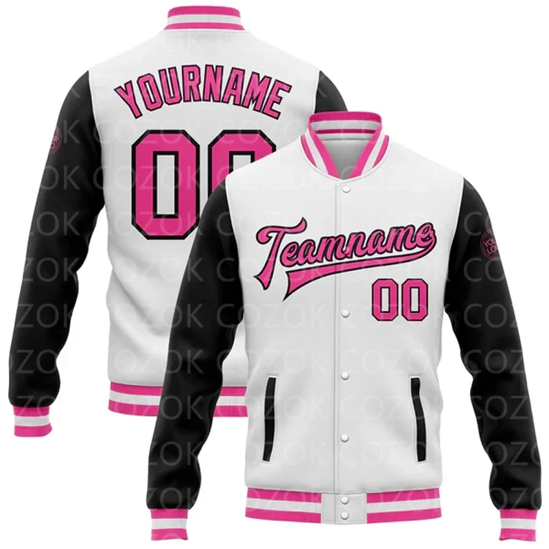 

Custom White Pink 3D Printed Raglan Sleeve Baseball Button Jacket Bomber Full-Snap Varsity Letterman Jacket