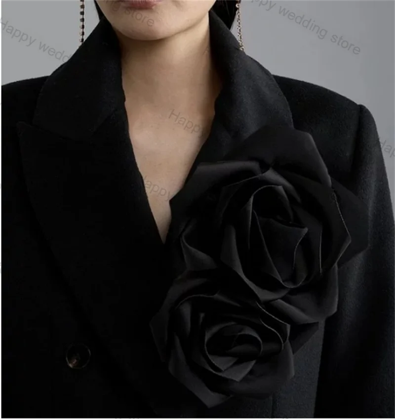 Black Cashmere Wool Formal Women Suit 1 Piece Long Blazer Maxi Prom Dress 3D Flower Office Lady Warm Overcoat Jacket Customized