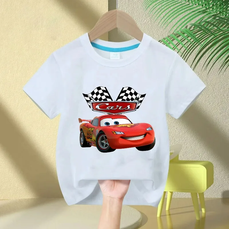 

2025 Summer New Disney Cars Lightning McQueen around short-sleeved boys and girls summer 100% cotton all-match T-shirt clothes