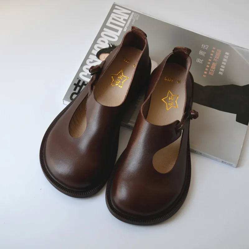 Birkuir Retro Low Heel Shoes For Women Round Toe 2026 Genuine Leather Casual Button Big Head Lolita Style Casual Lazy Shoes