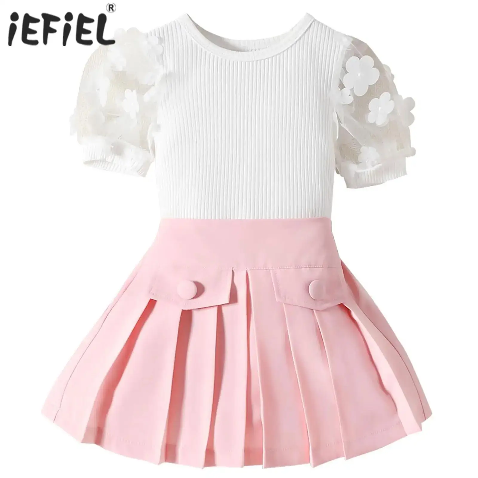 

2Pcs Toddler Baby Girl Sets Spring Summer Autumn Outfit Mesh Petals Puff Sleeve Rib Knit Top and Pleated A-line Skirt Set Suit