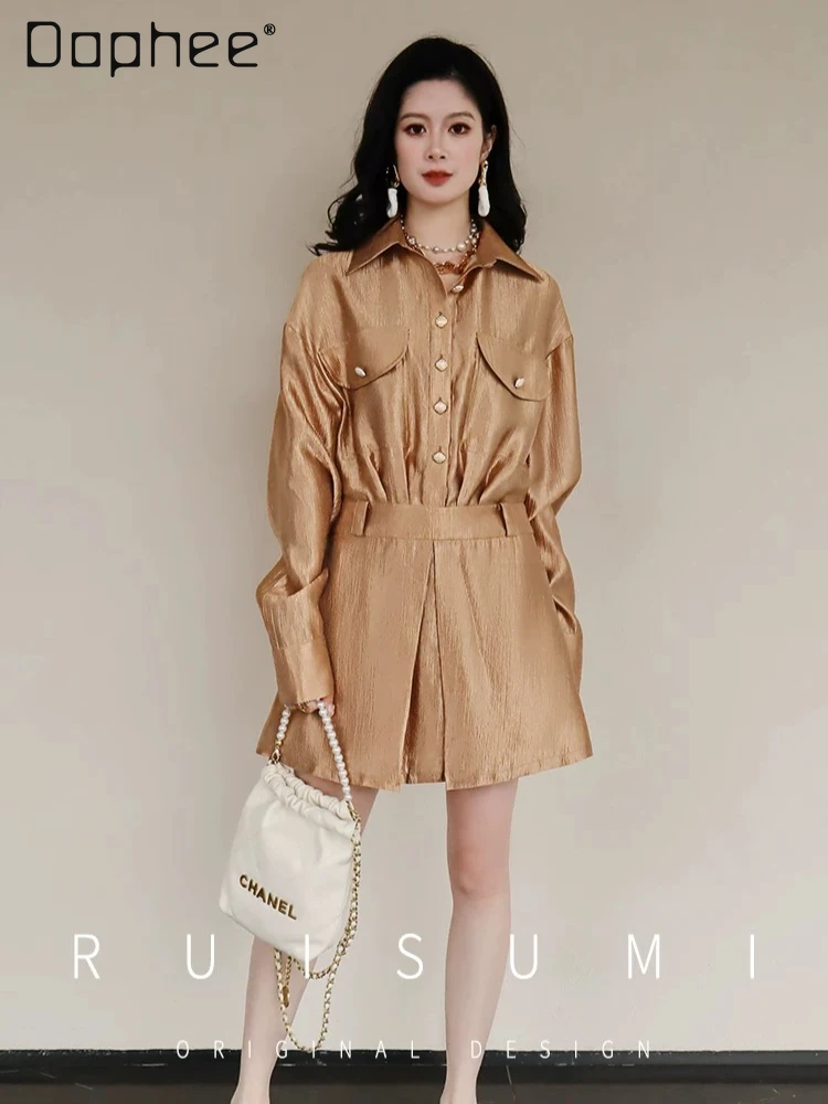 

Exquisite Light Luxury Silk Satin Fashion High-end Mini Shirt Dress French Elegant Shiny Long Sleeve Button Up A Line Dresses
